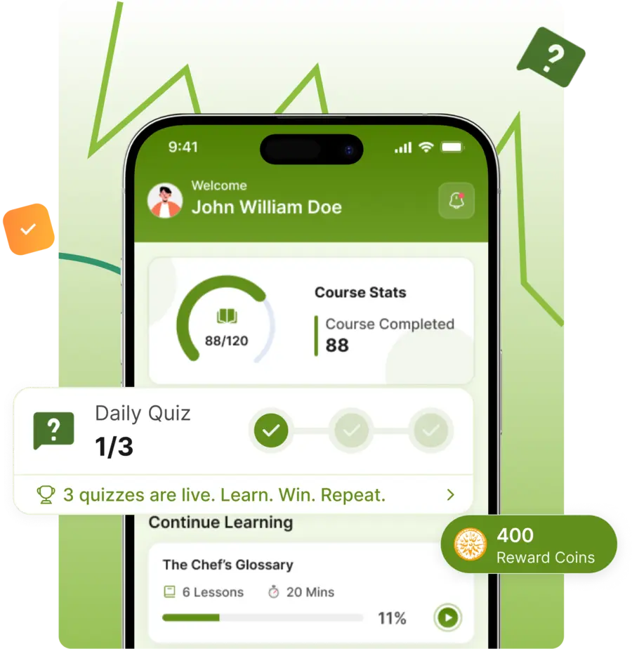 Apprende employee app showing course stats, daily quiz progress, and reward coins