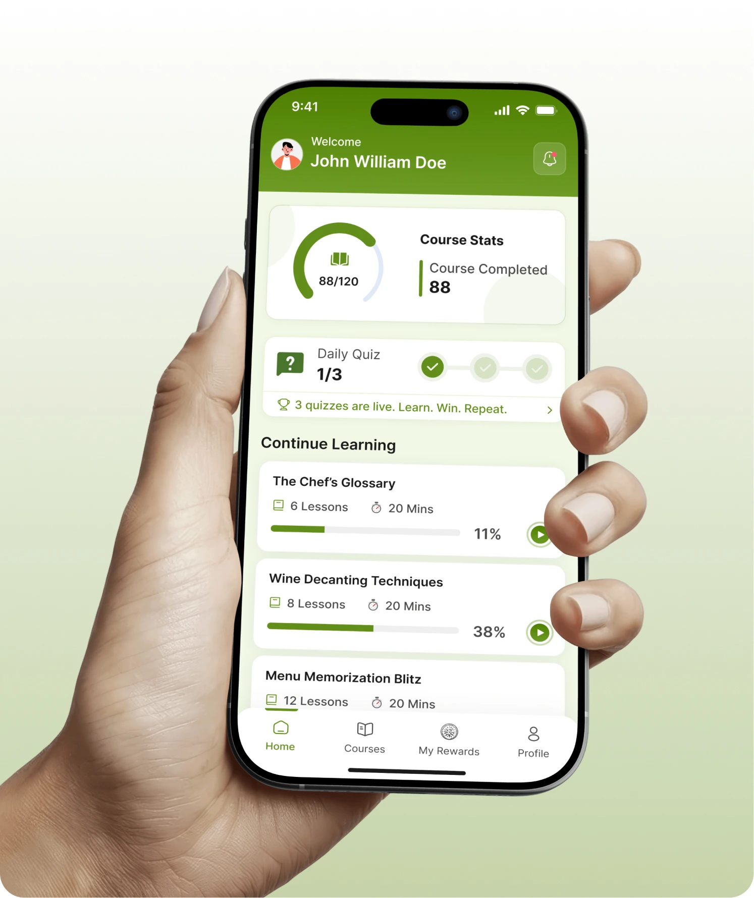 Employee holding phone showing the Apprende employee home screen