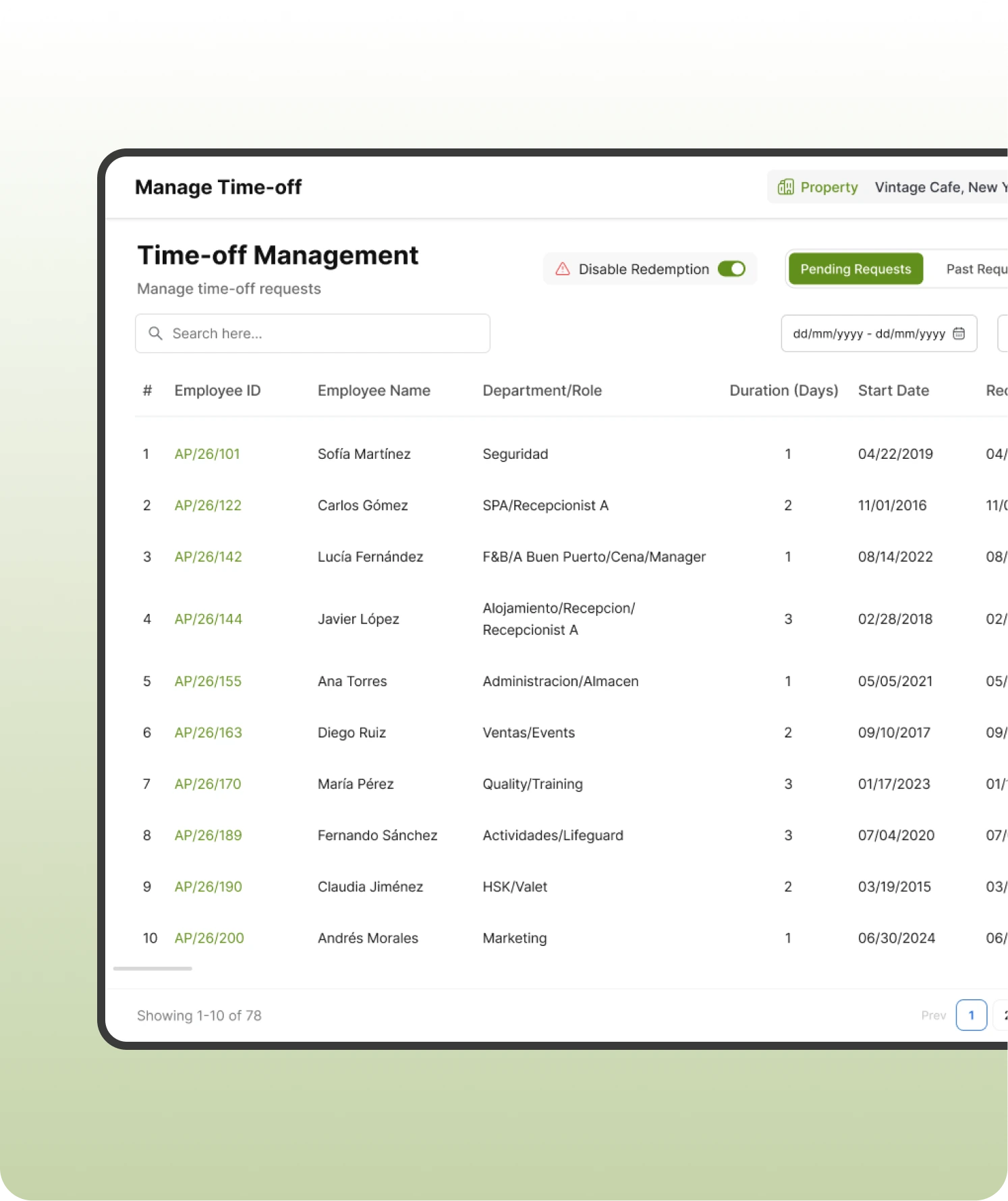 Time-off management table listing employee requests