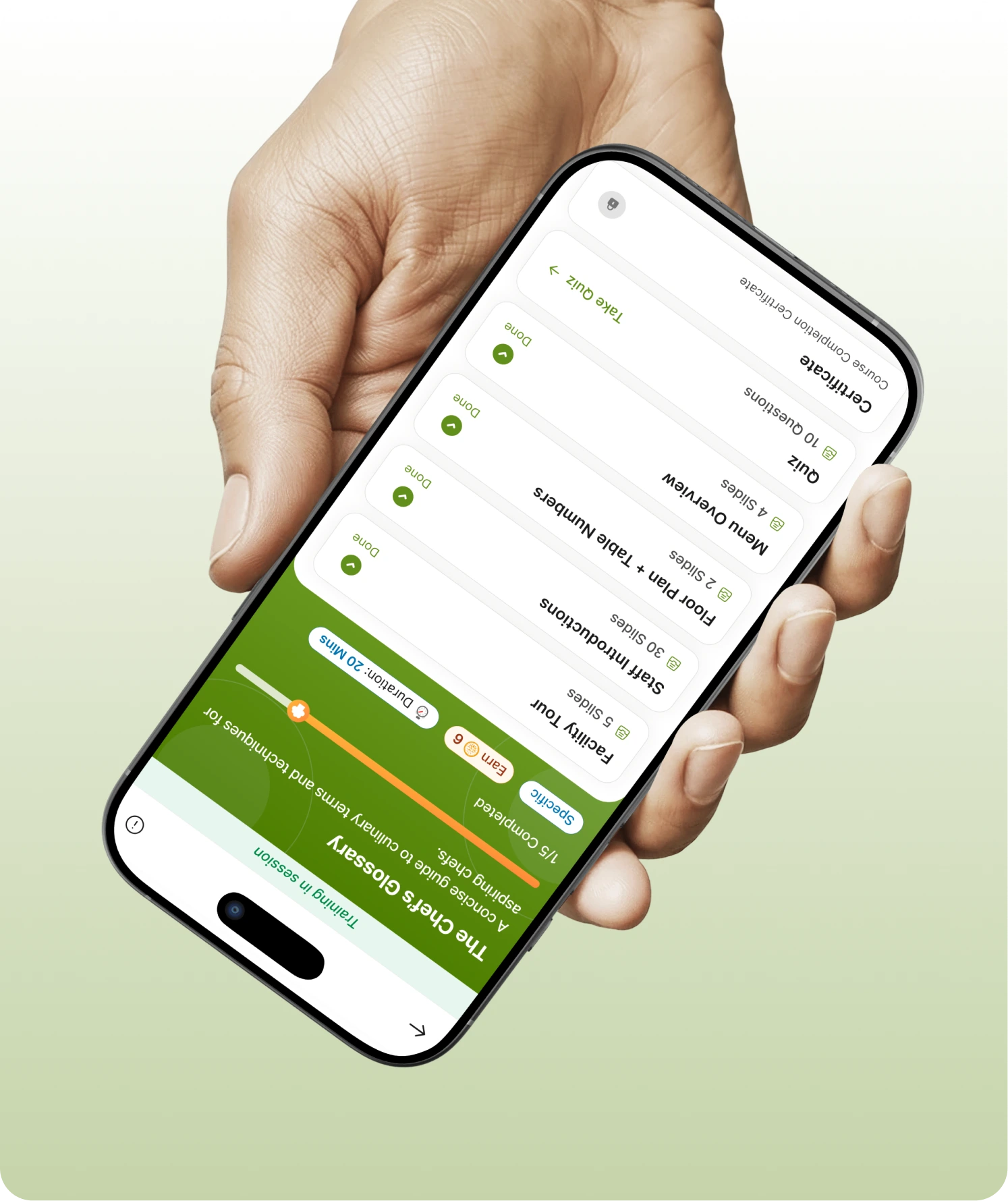 Hand holding phone showing course details screen