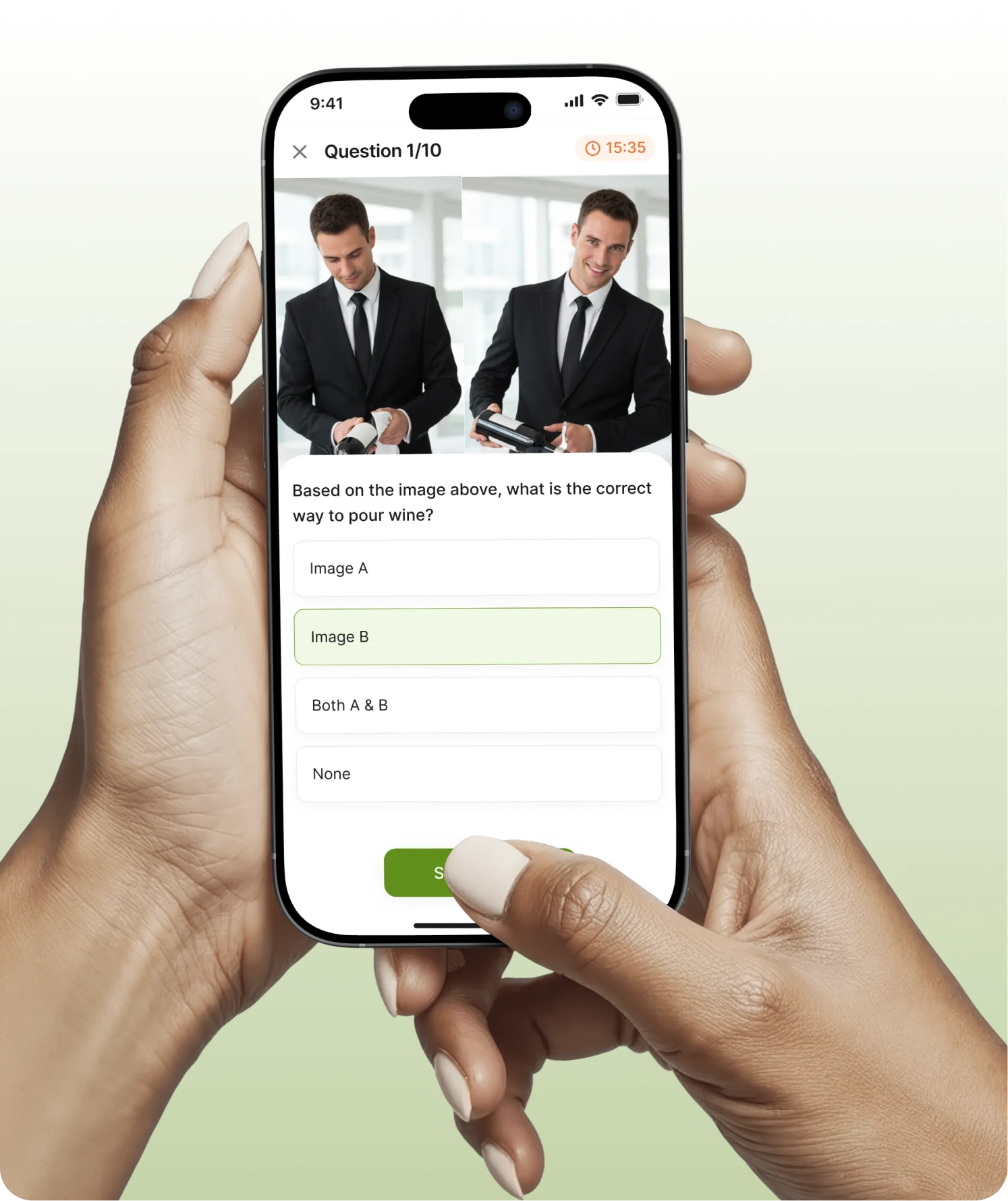 Two people looking at an interactive quiz on a phone