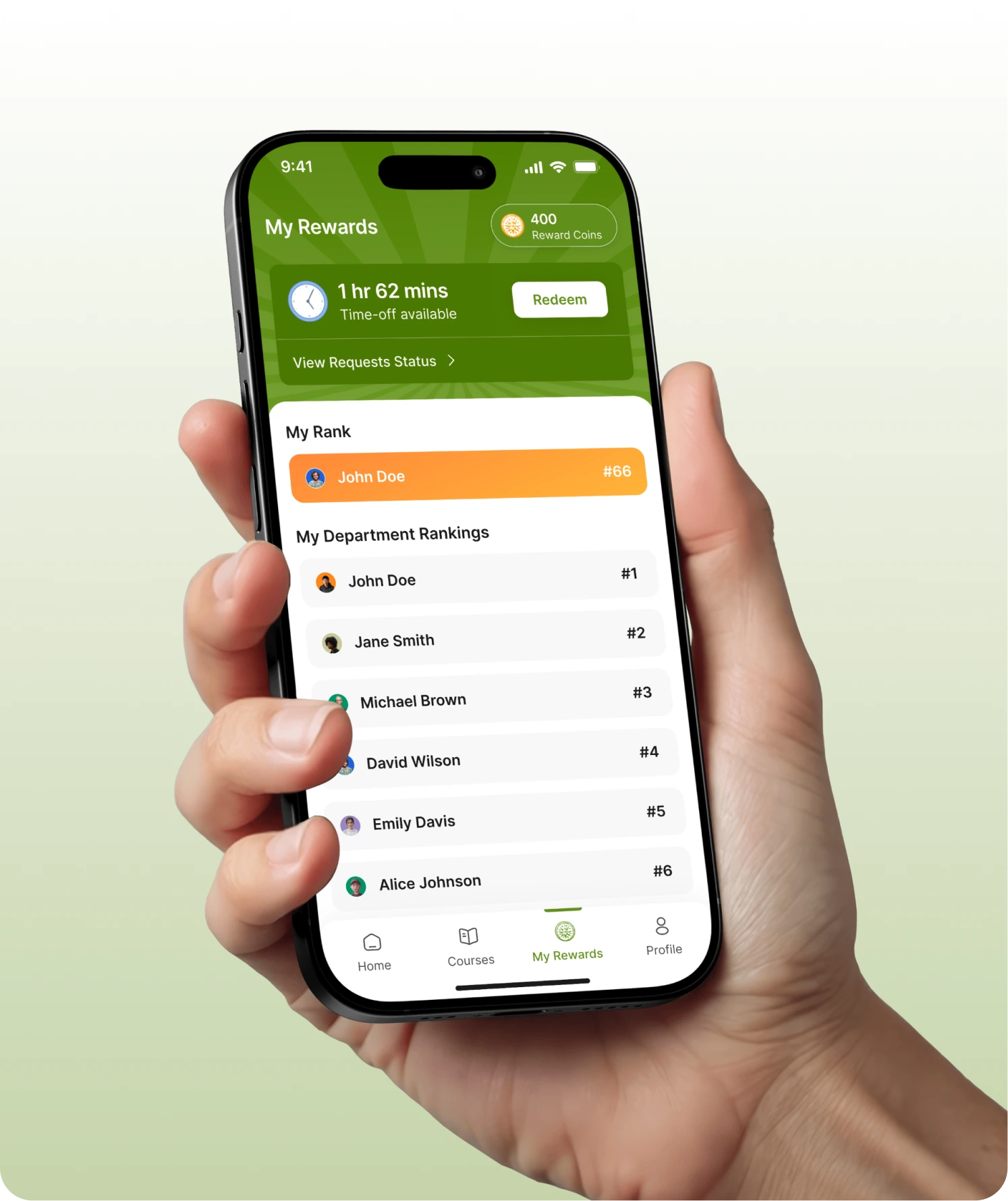 Phone showing the leaderboard and department rankings screen