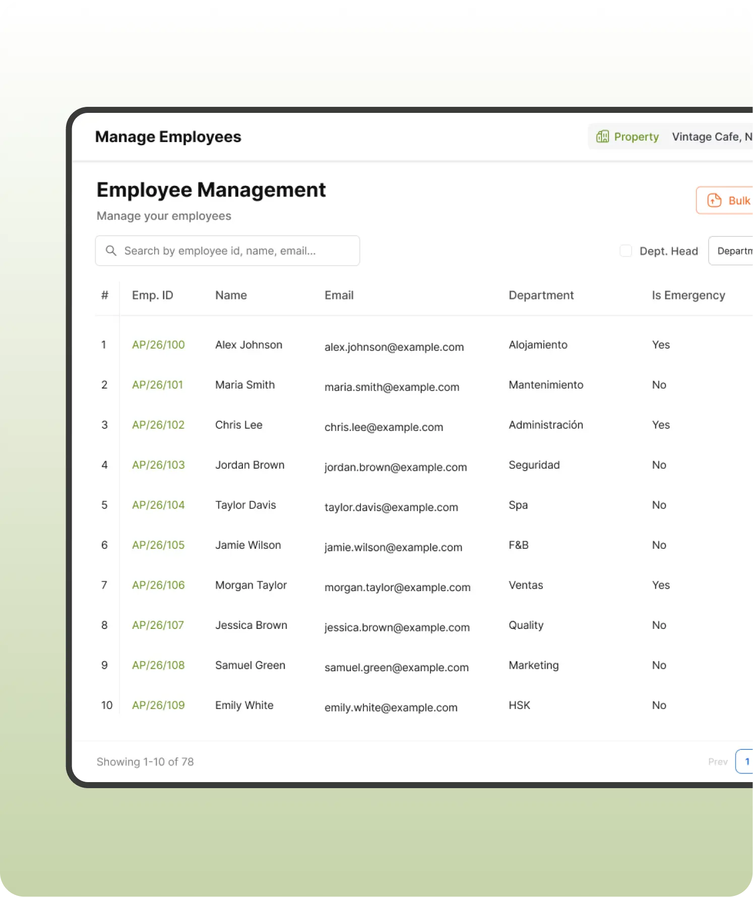 Employee management table listing staff, departments and status