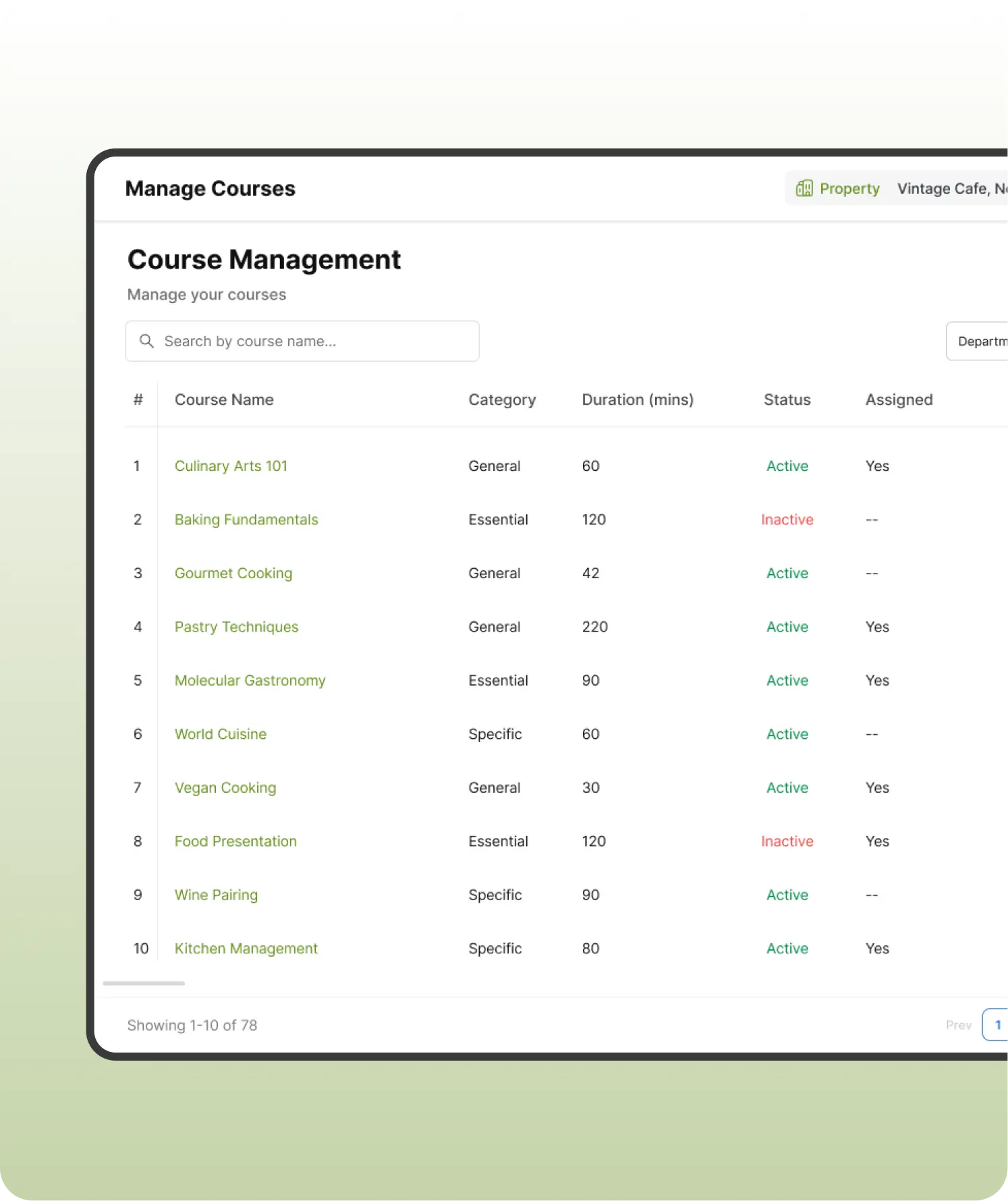 Course management table listing courses, categories and status